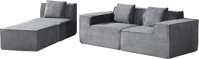 Rowan Convertible Corduroy Sectional Couch with Ottoman &amp Pillows Modular L Shaped Sleeper Sofa Boneless Cloud Couch for Living Room Furniture Dark Grey