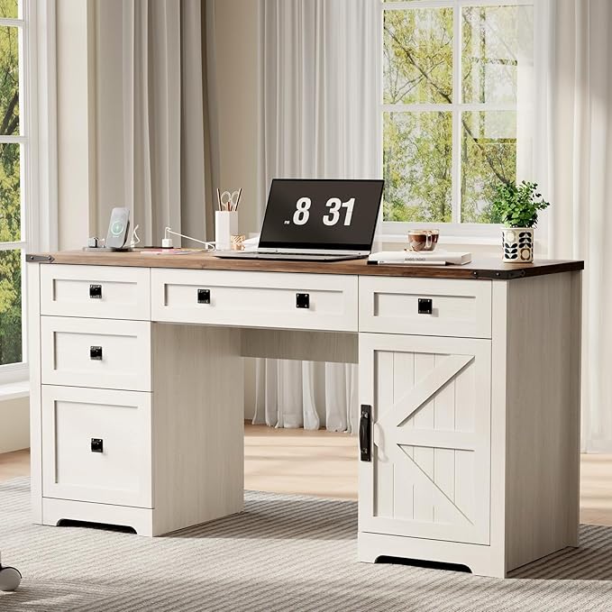 61 Farmhouse Executive Desk with Drawers Wood Home Office Desk with File Cabinet Charging Station and Storage Cabinet Computer Desk Workstation for Work and Study Antique White