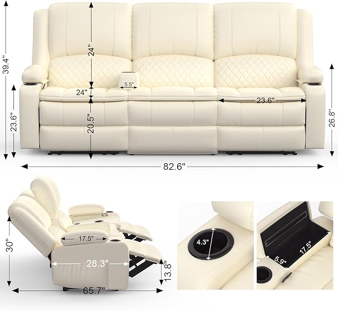 3-Seater Recliner Sofa Manual Reclining Couch with Multi-Functional Middle Seat Reclining Sofa for Living Room with Hidden Storage Space Cup Holders and Removable Console