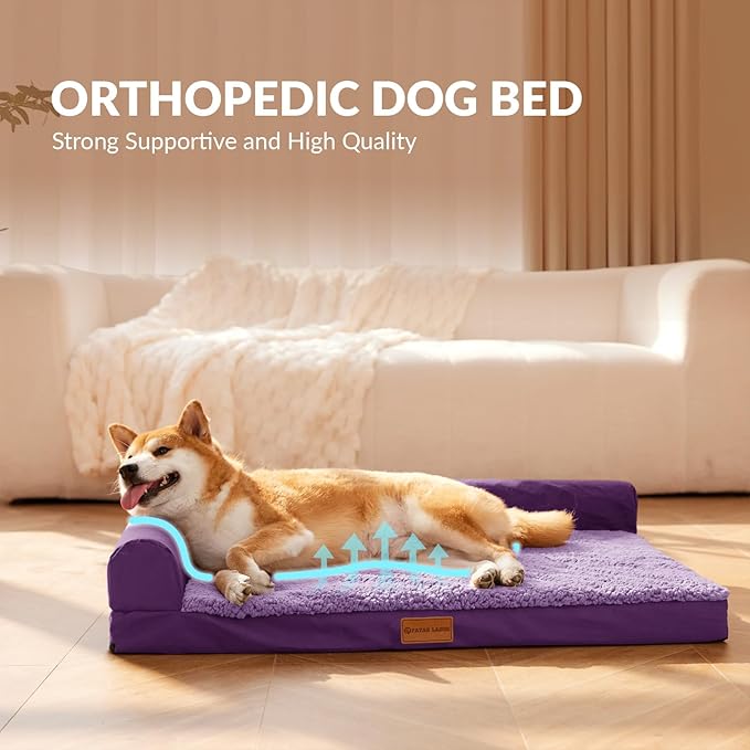 Patas Lague Orthopedic XL Dog Bed Large Sized Dog 42''X28'' Waterproof L Bolster Big Pet Sofa Beds with Removable Washable Cover Soft Comfortable Pet Couch Crate Mat with Nonskid Bottom Purple
