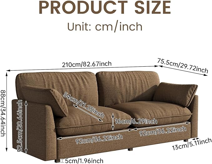 Oversized Couch Loveseat Sofa with 2 Pillows Modern 2 Seat Cloud Sofas with Extra Wide and Deep Cushions 2 Seater Sofa Couch for Living Room Office Brown 82.67 L