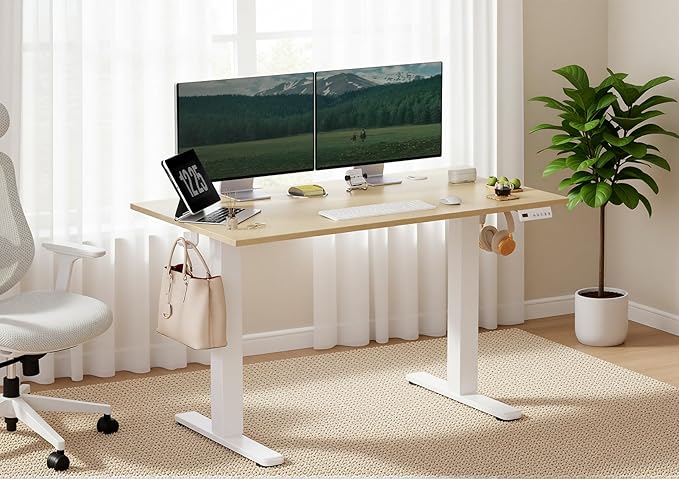 Seang Electric Height Adjustable Standing Desk 40 x 24 Inch Sit-Stand Workstation with T-Style Frame 3 Memory Height Options &amp Built-in Cable Management for Home Office White Frame/Nature Top