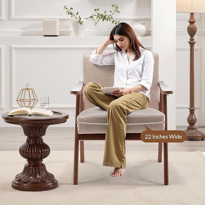 Rovibek Upholstered Accent Chair with Arms - Mid Century Modern Accent Chairs with Wood Frame Upholstered Arm Chairs with 5.9in Thick Foam Beige Occasional Chair Set of 2