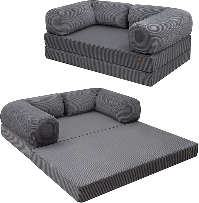 COMAX Futon Sofa Bed 4-in-1 Floor Foldable Sofa Couch Bed Queen with L-Shaped Armrests Convertible Folding Chair Bed Sleeper Mattress Fold Out Comfy Lounge for Living Room Bedroom Grey
