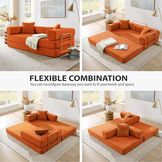 4-in-1 Folding Convertible Sofa Bed 78 Inch Boneless Couch with Fixed-Shape Frame Corduroy Loveseat Sleeper with Pull Out Bed Floor Sofa Modular Futon Couch for Living Room Bedroom Lounge (Orange)