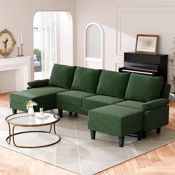 Sectional Couches for Living Room Furniture Sets 4 Seat Modular Sectional Sofas for Living Room Set with Removable Ottoman L Shaped Couch Set with 2 Armrest for Apartment Green