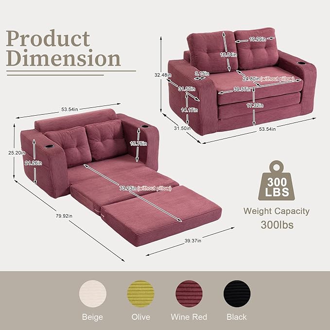54 Convertible Sofa Bed 2-in-1 Boneless Sleeper Sofa with Cup Holder &amp Pocket Corduroy Pull Out Couch with 5 Pillows Couch Bed for Living Room Small Spaces Bedroom No Assembly