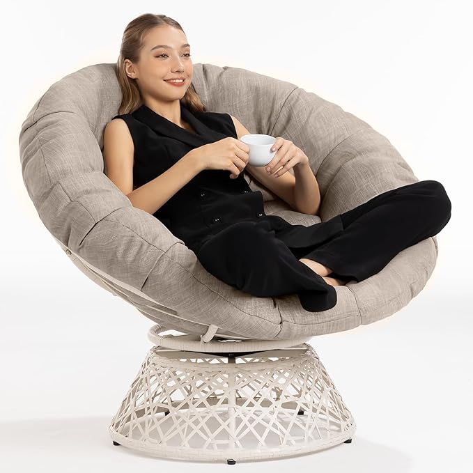Bme 40 Ergonomic Wicker Papasan Chair with Soft Thick Cushion &amp Frame 360° Swivel Circle Reading Comfy Chair for Living Room Bedroom