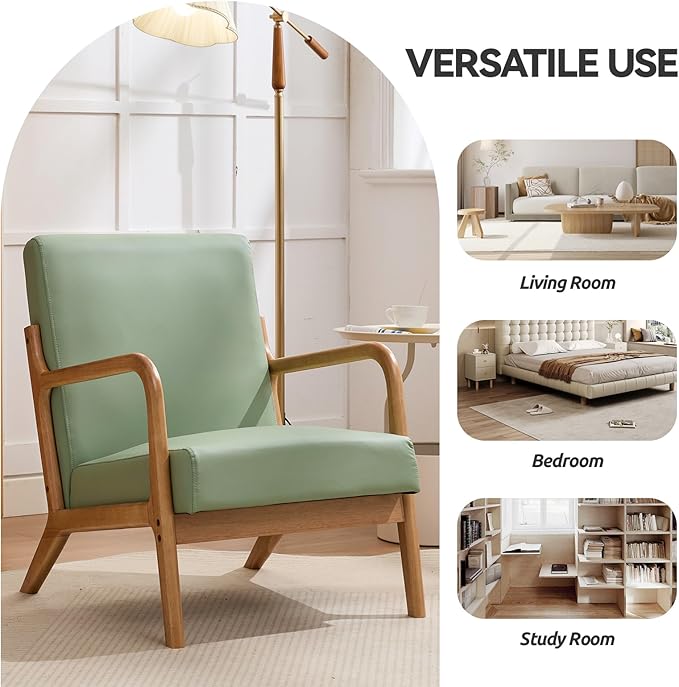 Mid Century Modern PU Leather Accent Chair Living Room Chairs with Lumbar Pillow Boho Arm Chiar Reading Chair with Solid Wood Frame for Living Room Bedroom