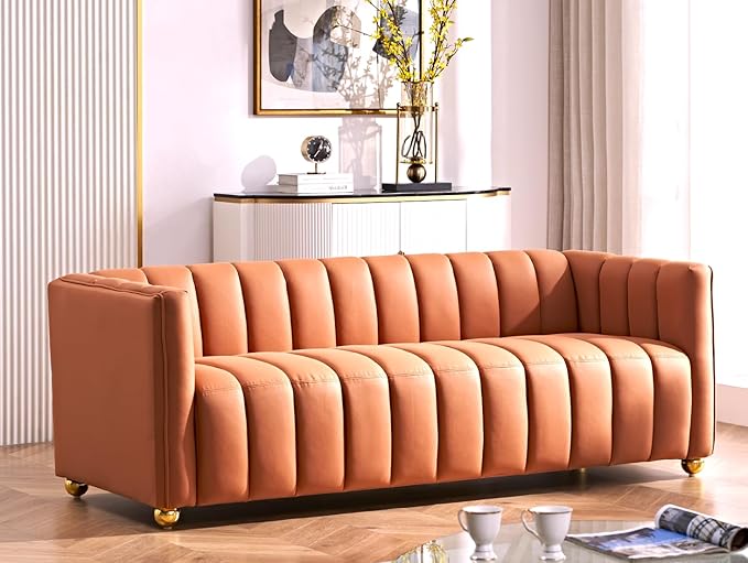 Direct Glam Fabric Upholstered Solid Wood Frame 82.7 Art Deco Sofa for Living Room Office Sophisticated 3 Seater Couch Orange
