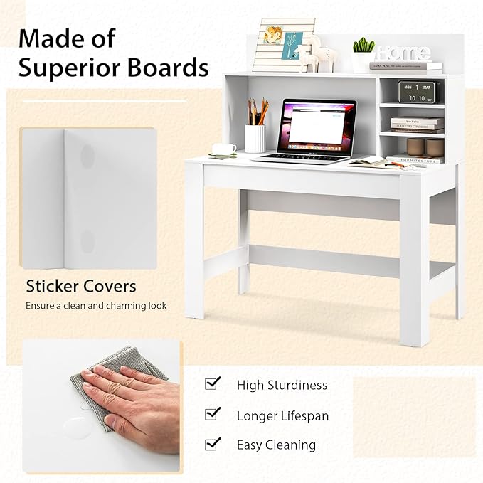 Giantex White Desk with Hutch Home Office Desk with Bookshelf Computer Workstation PC Laptop Table with Anti-Toppling Device &amp Cable Hole Modern Study Writing Desk for Small Spaces Bedroom