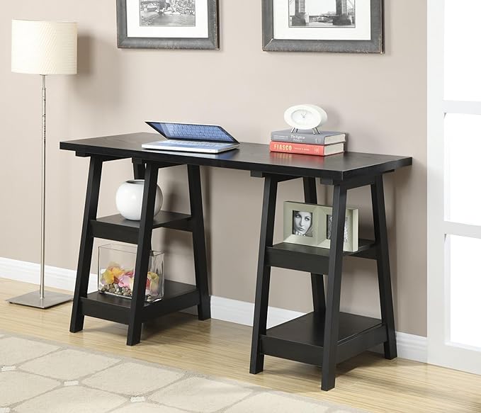 Convenience Concepts Designs2Go Double Trestle Desk with Shelves Black