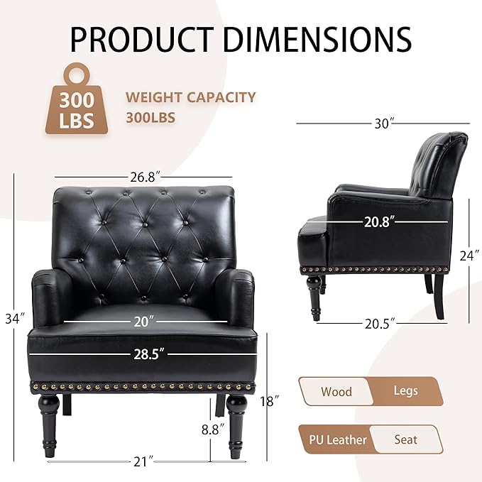 MOJAY Faux Leather Accent Chair Mid-Century Armchair Living Room Sofa Chair with Rubber Wood Leg Club Chair with Rivet Trim for Bedroom Reading Room Reception (Black)