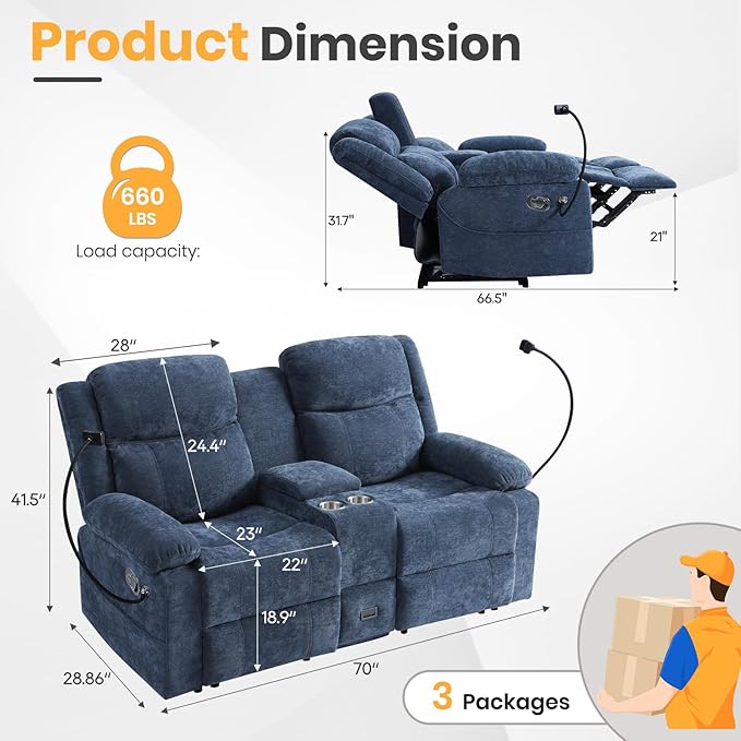 Loveseat Recliner Sofa Reclining Loveseat with Console RV Wall Hugger Double Loveseat Recliner Couch for Living Room &amp Home Theater (Blue)