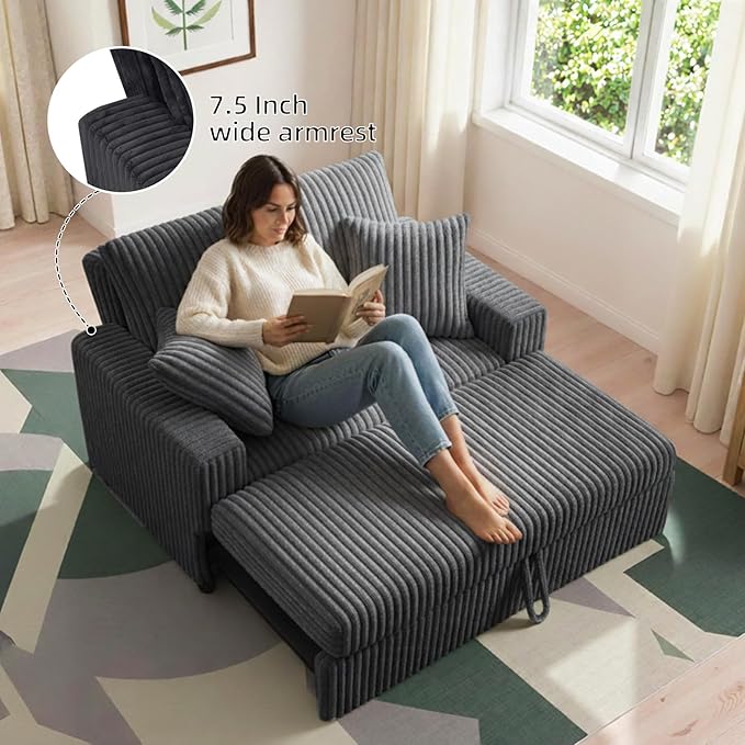3 in 1 Convertible Sofa Bed52.8 Pull Out Couch with 2 Pillows and Side PocketsModern Corduroy Fabric Sleeper Loveseat with Adjustable Backrest for Living Room Bedroom Apartment (Gray Corduroy)