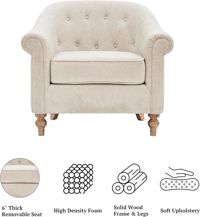 Martha Stewart Fayette Accent Chair for Living Room Bedford Collection Tufted Back Traditional Rolled Arms 6 Thick Removable Cushion Modern Farmhouse Furniture Bedroom Chair 35 Wide Cream