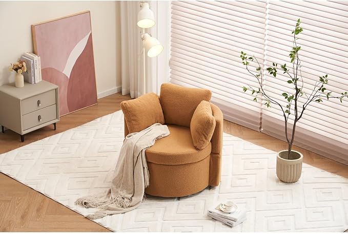 Teddy Fabric Swivel Storage Chair with Back Cushion Khaki 360° Swivel for Living Room