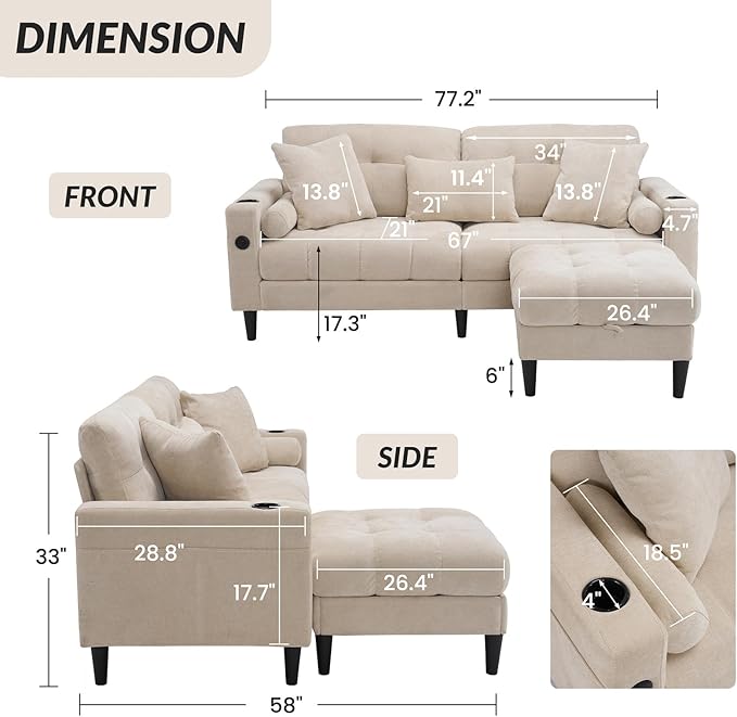 77 Beige L-Shaped Sofa with Storage Footrest Chenille Sofa with 2 Cup Holders and Charging Station for Small Spaces Comfortable Cloud Area 3 Sofa (Beige)