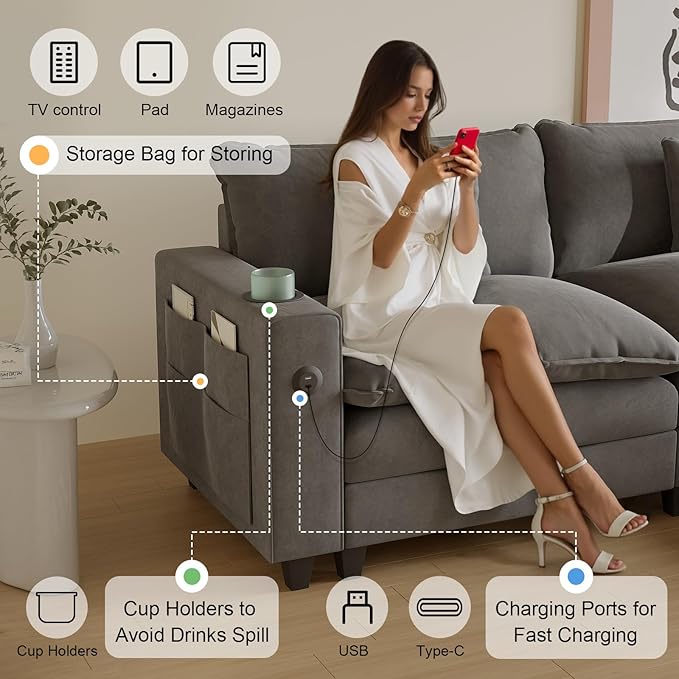 152 L Shaped Sectional Couch Chenille Sectional Couches for Living Room Modular Cloud Couch with Movable Ottoman Modern Cloud Sofa with Charging Station Cup Holder Side Pocket Grey