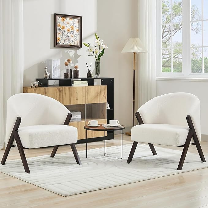 PU Leather Mid-Century Modern Accent Chair with Wooden Legs Comfortable Upholstered Reading and Leisure Chair for Living Room Bedroom and Waiting Room-White