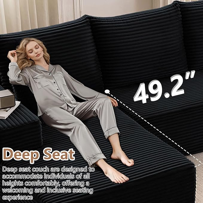 Cloud Modular Sectional Sofa for Living Room167x69.7 W Oversized L-Shaped Couch with 7 PillowsBig Comfy Couches SetFluffy Deep-Seat Corduroy Sofa with ChaiseNo Assembly (BlackLeft-Facing Chaise)