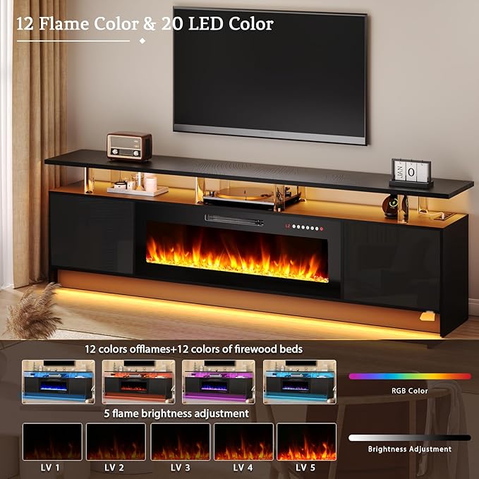 80'' TV Stand with 42'' Fireplace - LED Light Entertainment Center for 90 inch TVs - Black Cabinet with Storage Modern Console for Living Room