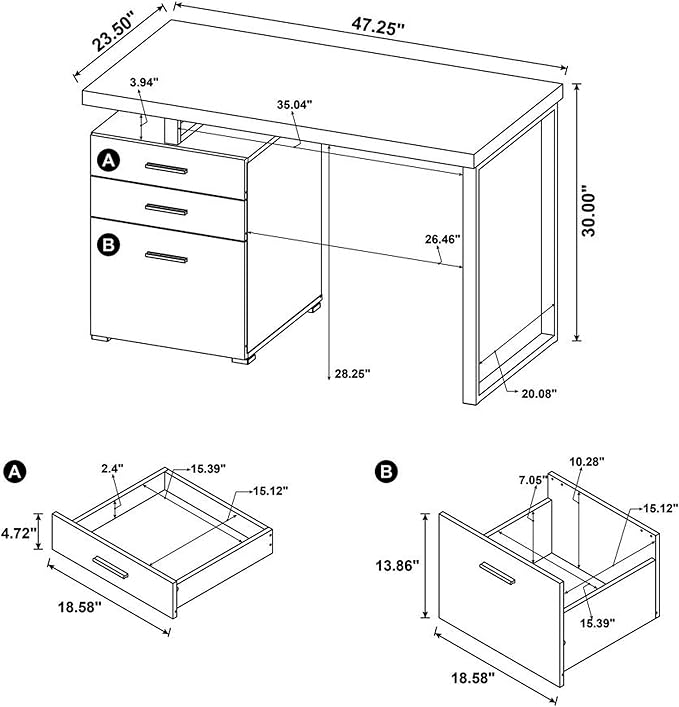 CARTESIAN Vertex Reversible 47 Inch Office Computer Desk with 3 Drawers Cappuccino Finish Silver Metal Frame