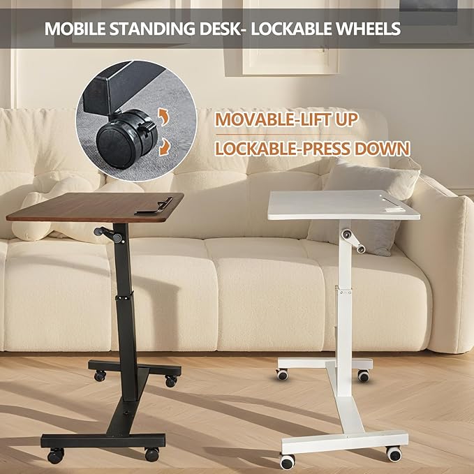 Mobile Standing DeskHeight Adjustable Overbed Bedside Table with Wheels&ampCup HolderHand Crank Sit Stand Desk and Laptop CartComputer Workstation for Home Office Classroom Hospital (Manual Walnut