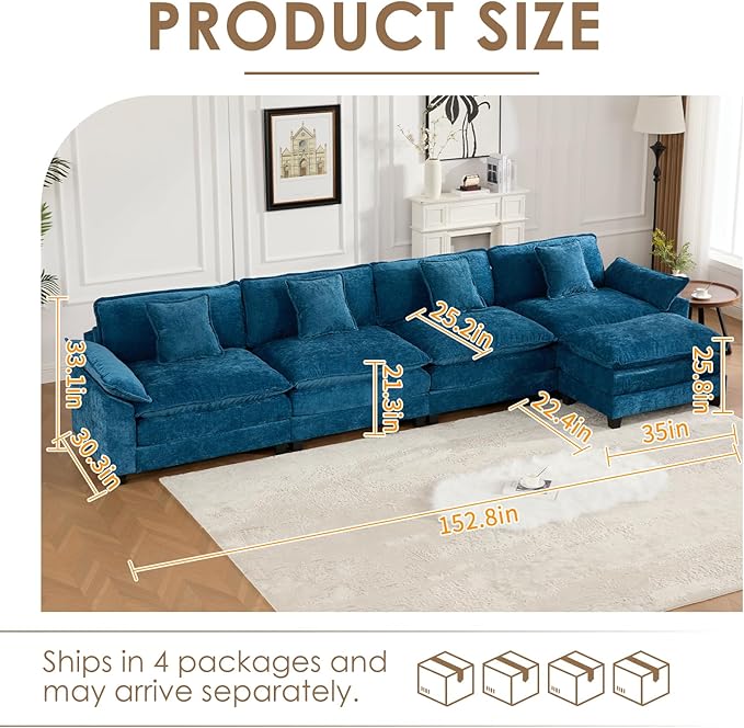 152.8 Modern Chenille Modular Cloud Sofa 4 Seater L Shaped Couch with Spring Cushions Featuring Deep Seats and Pillows Easy Assembly Comfy Large Sectional Couches for Living Room Blue