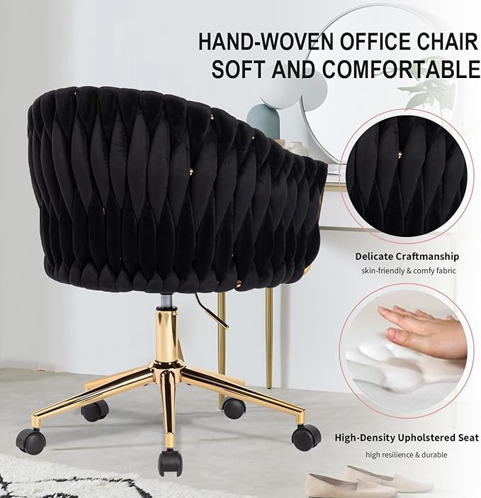Velvet Office Chair with Hand Woven Black Vanity Chairs with Golden Wheels 360° Swivel Home Office Desk Chair Computer Chairs Accent Chair Makeup Chair for Bedroom Living Room(Black)