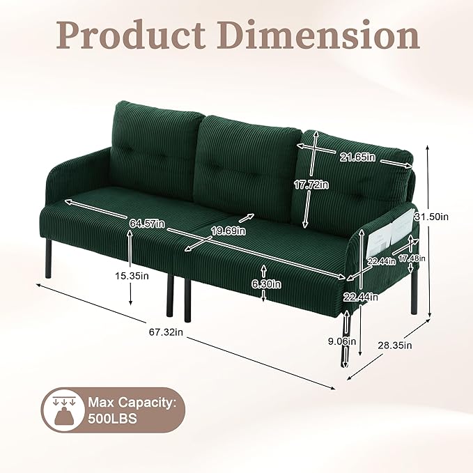 KEIKI 67 Corduroy Loveseat Sofa with Double Side Pockets &amp High Resilience Cushion Modern Style Upholstery Oversized 2-Seater Couch with Metal Legs Easy Assembly for Living Room Emerald