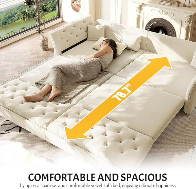 100 King Size Sleeper Sofa Bed 3-in-1 Convertible Pull Out Chesterfield Sleeper Couch Oversized Velvet Flower Button Tufted 4-Seat Sofa for Living Room Apartment (Beige White)