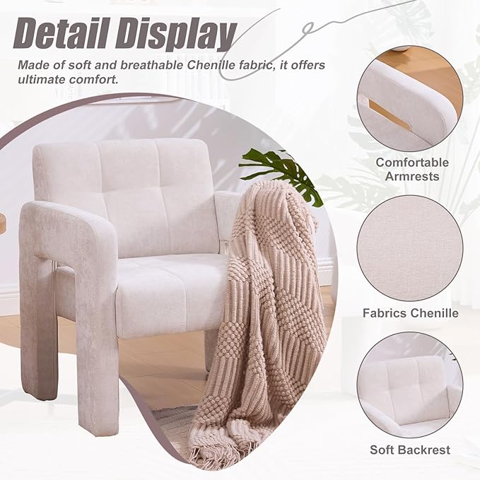 Modern Accent Chair Set of 1 Chenille Fabric Upholstered Reading Armchair Mid-Century Leisure Comfy Single Sofa Chair for Living Room Bedroom Home Office (Beige Set of 1)