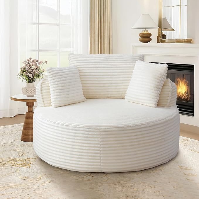 53W Oversized Round Chaise Longue Chair IndoorCorduroy Fluffy Comfy Cloud ChairCircle Bean Bag Sofa with Foam Filling &amp PillowsBoneless Reading Cozy Sofa Chairs for Living RoomBedroomWhite