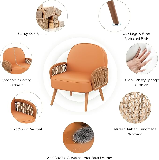 Accent Chairs Rattan Comfy Upholstered Modern Arm Chair for Living Room Chair Reading Bedroom Balcony Faux Leather Chair