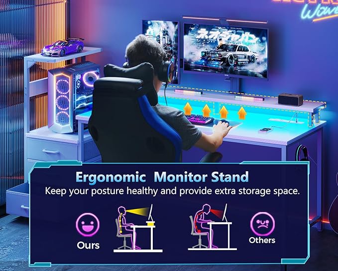 AODK 52 Inch Gaming Desk with USB Charging Ports &amp LED Light- Reversible Computer Desk with Storage Shelves &amp Monitor Stand Modern Gamer Desk Table with Fabric Drawers &amp Side Hook Carbon