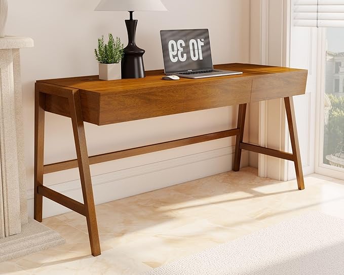 HNY 59 Inches Walnut Wooden Writing Desk with 3 Drawers Computer Study Table with MDF Top Solid Rubberwood Legs and Hidden Cable Management Holes Corner Makeup Vanity Desk for Home Office Bedroom
