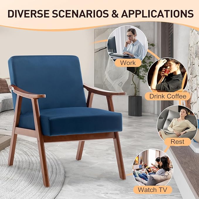 Mid Century Modern Accent Chair with Microfiber Upholstery and Solid Wood Frame Ideal for Living Room Bedroom Office Coffee Shops and Hotel Blue