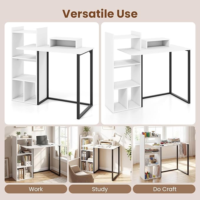 Tangkula Computer Desk with Charging Station 43.5 Study Desk with Ergonomic Monitor Stand &amp Storage Shelves Corner Writing Desk with Metal Frame Modern Home Office Computer Workstation