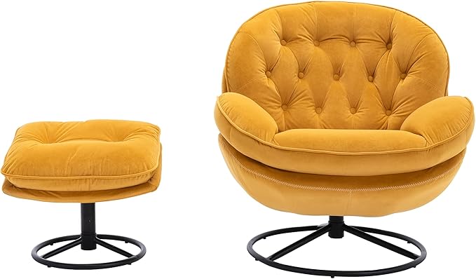 Accent Chair TV Chair Living Room Chair with Ottoman Modern Velvet Lounge Chair with Comfy Armchair with Metal Legs Swivel Leisure Chair for ClubHome OfficeMetal Base Frame (Yellow)