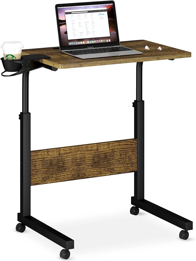 Klvied Standing Desk Adjustable Height Stand Up Desk with Cup Holder Portable and Easy to Move Bedside Table Ideal for Home or Office Walnut