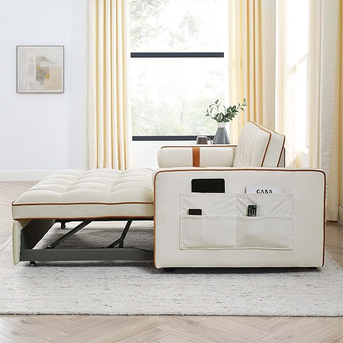Sleeper Sofa Couch w/Pull Out Bed 55 New Upgraded Tufted Velvet Convertible Sleeper Couch Bed Small Love seat Sofa w/ 2 Pillows for Small Space Living Room Apartment Beige