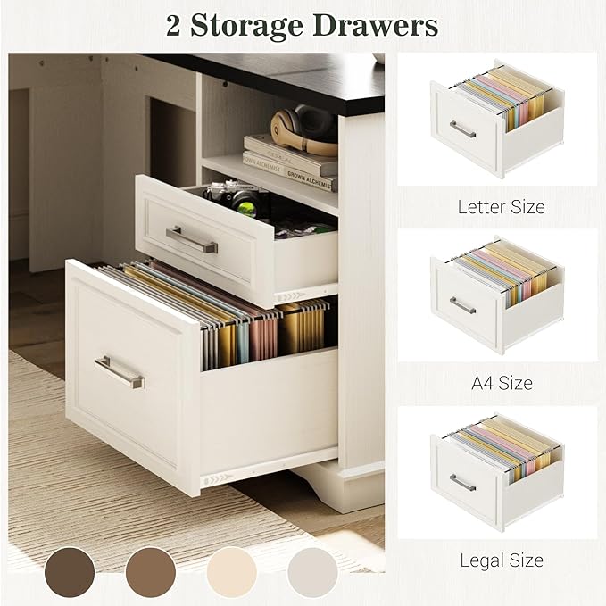 Unikito Farmhouse L Shaped Executive Desk with File Drawers 60 Corner Computer Desk with Power Outlets Large 2 Person Home Office Table with Storage Cabinet Sturdy Writing Desks White and Black