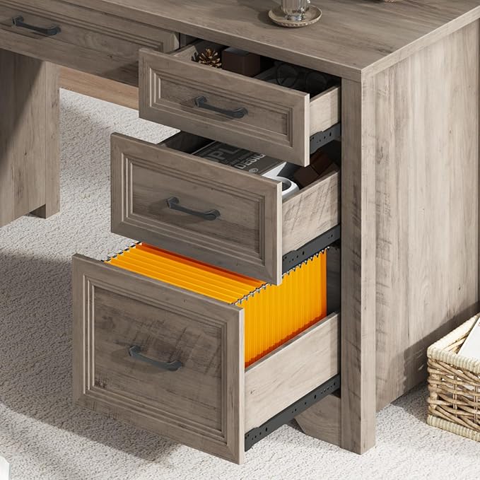 Vabches Farmhouse Executive Desk with Drawers Home Office Desk with File Drawer Wood Computer Desk with Ample Storage Rustic Office Desk with Spacious Tabletop for Work Grey