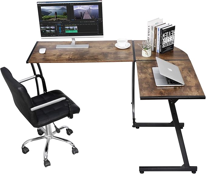 Nouva L Shaped Desk Computer Gaming Desk Modern Home Office Corner Desk w/Large Desktop (Rustic Brown) AE436
