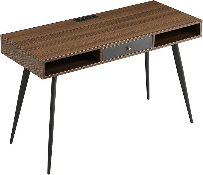 Mid-Century Modern Desk with USB Ports &amp Power Outlet – Ergonomic Home Office Workstation Study Writing Desk with Storage Drawers Multifunctional Computer Desk (Walnut)