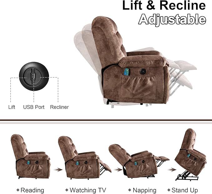 Bonzy Home Power Lift Recliner Chair for Elderly Electric Lift Chair with Massage &amp Heat Upholstered Single Sofa with 2 Hidden Cup Holders USB Charge Port Side Pockets for Living Room Dark Br