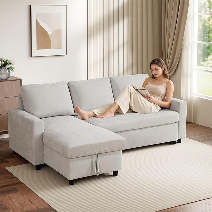 L-Shaped Sleeper Sofa with Chaise Lounge &amp Storage Pull-Out Couch Bed with Recliner Full Size Futon for Living Room Office Apartment Beige