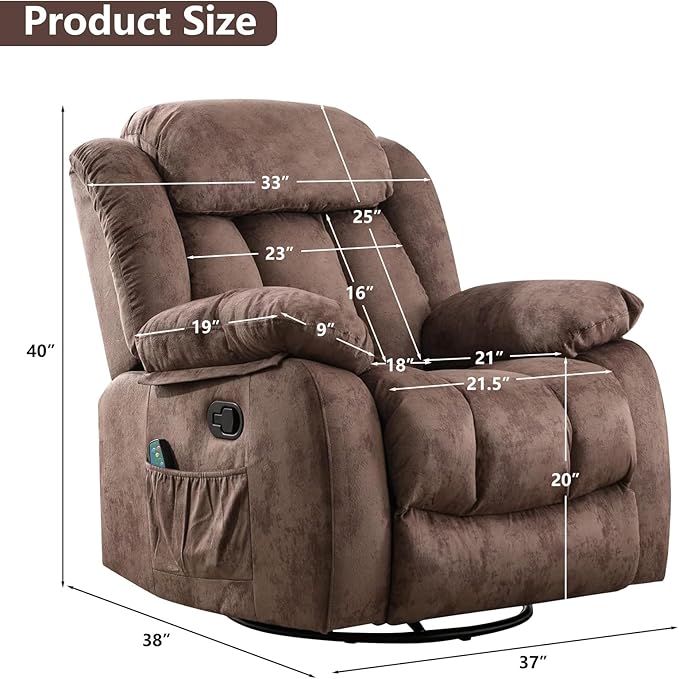 CANMOV Massage Rocker Recliner with Heat and Vibration 360 Degree Swivel Manual Antiskid Fabric Single Sofa Heavy Duty Reclining Chair for Living Room Dark Brown