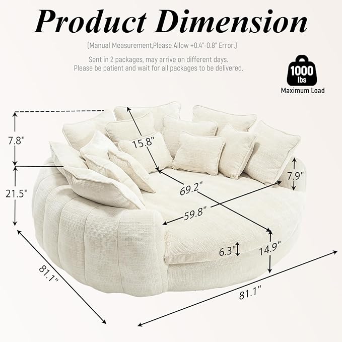81'' Cloud Couches for Living Room Comfy Circle Round Couch Bed with 14 Pillows Upholstered Boneless Couch Oversized Chaise Lounge Chair Indoor Extra Wide Round Daybed Floor Sofa (White)